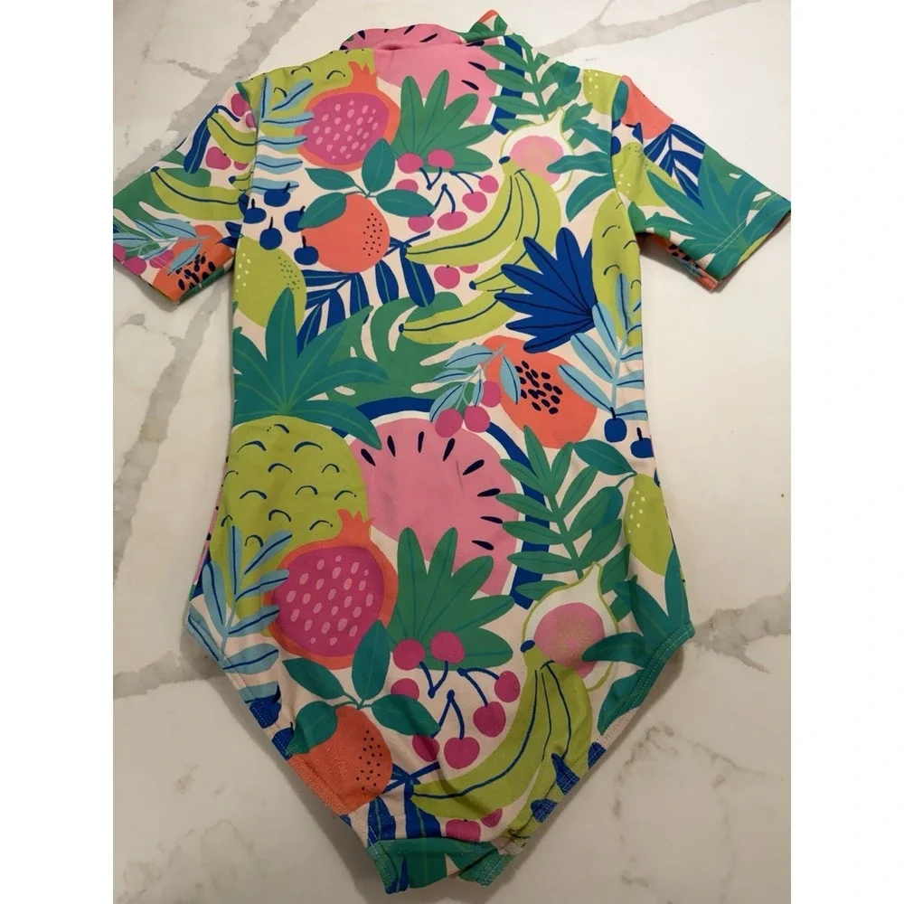 Mini Boden Girls 1-Piece Short Sleeve Tropical Rash Guard Swimsuit Sz 6-7 Years